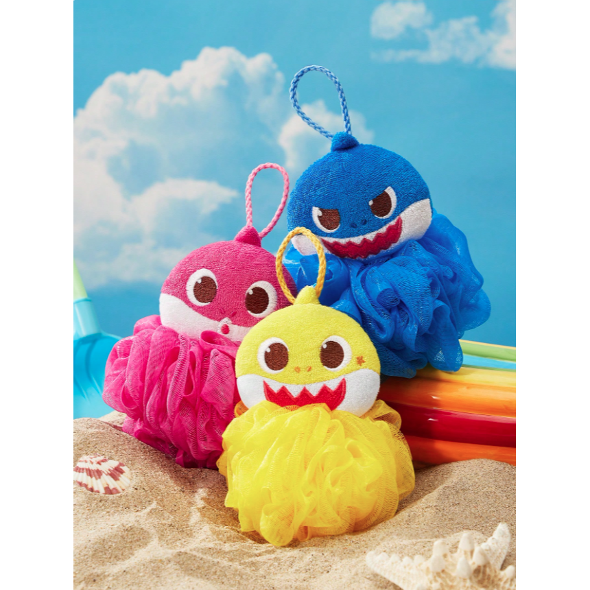 正版聯名 鯊魚寶寶 BABY SHARK 3D卡通S型洗澡沐浴球 沐浴海綿(附掛勾)-細節圖2