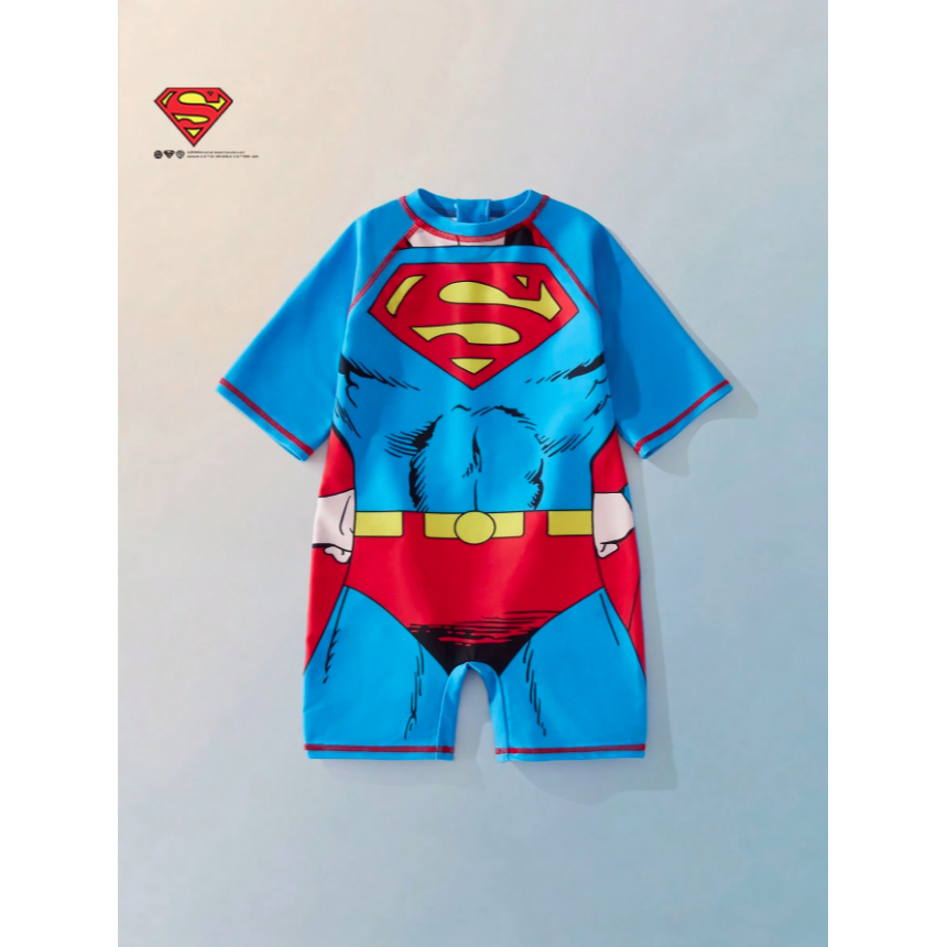 正版聯名 超人 Superman 超級英雄 男童短袖連身修身泳衣 彈性泳褲泳裝-細節圖5
