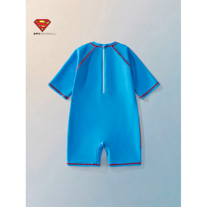 正版聯名 超人 Superman 超級英雄 男童短袖連身修身泳衣 彈性泳褲泳裝-細節圖6