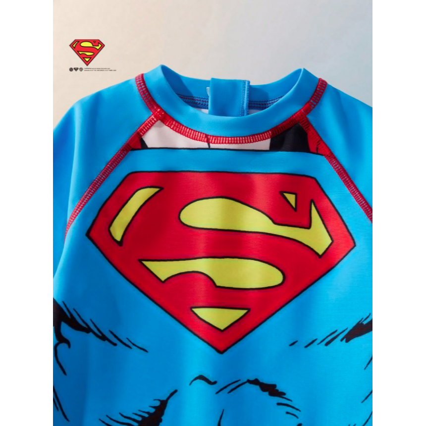 正版聯名 超人 Superman 超級英雄 男童短袖連身修身泳衣 彈性泳褲泳裝-細節圖7