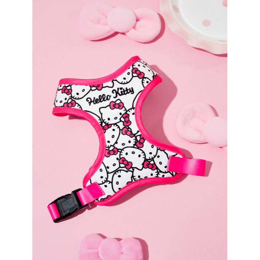 正版聯名 三麗鷗 HELLO KITTY 3件組粉色寵物胸背帶套裝(胸背帶 收納袋 牽繩) 狗狗外出繩-細節圖2