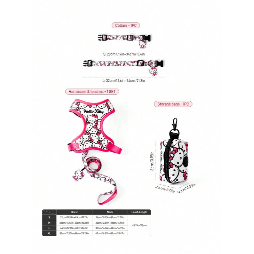 正版聯名 三麗鷗 HELLO KITTY 3件組粉色寵物胸背帶套裝(胸背帶 收納袋 牽繩) 狗狗外出繩-細節圖11
