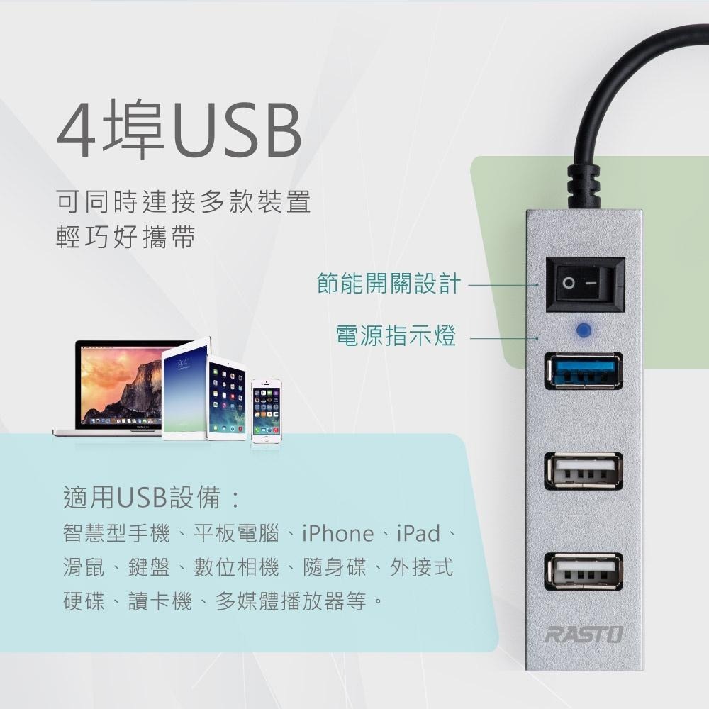 RASTO RH8 USB3.2省電開關四孔HUB贈Type C接頭-細節圖4