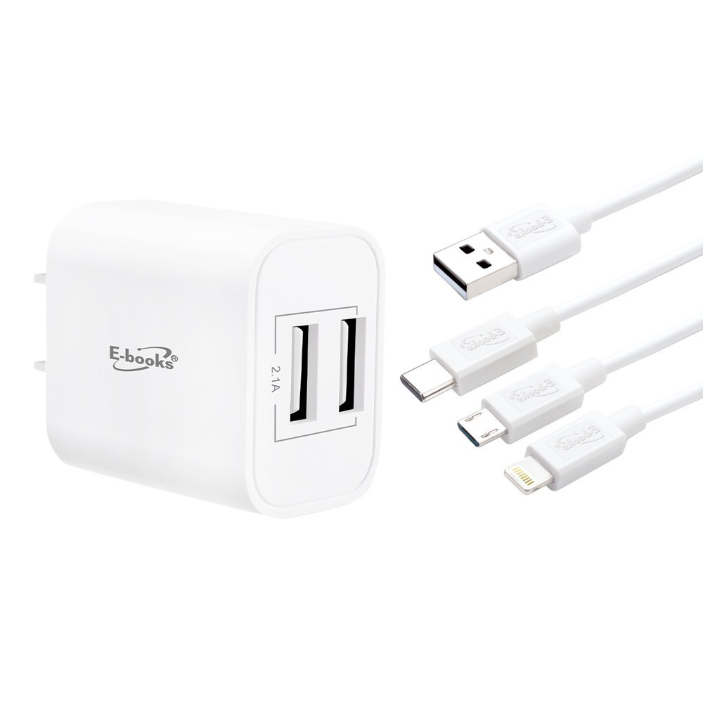 E-books B66 雙孔USB快速充電器贈三合一充電線-細節圖2