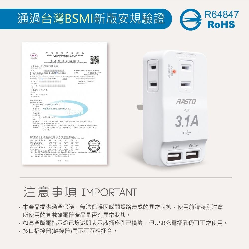 RASTO FP3 三插二埠 USB壁插-細節圖8