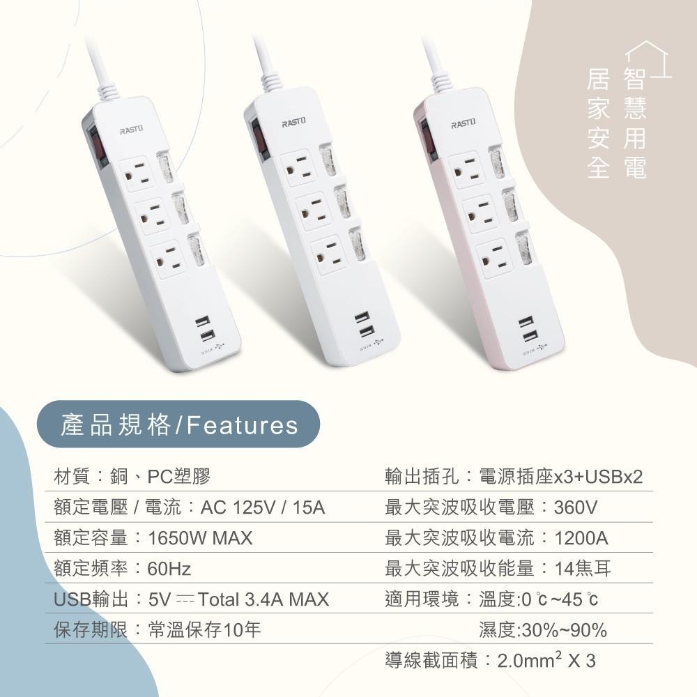 RASTO FE8 四開三插三孔二埠USB延長線 1.8M-細節圖8