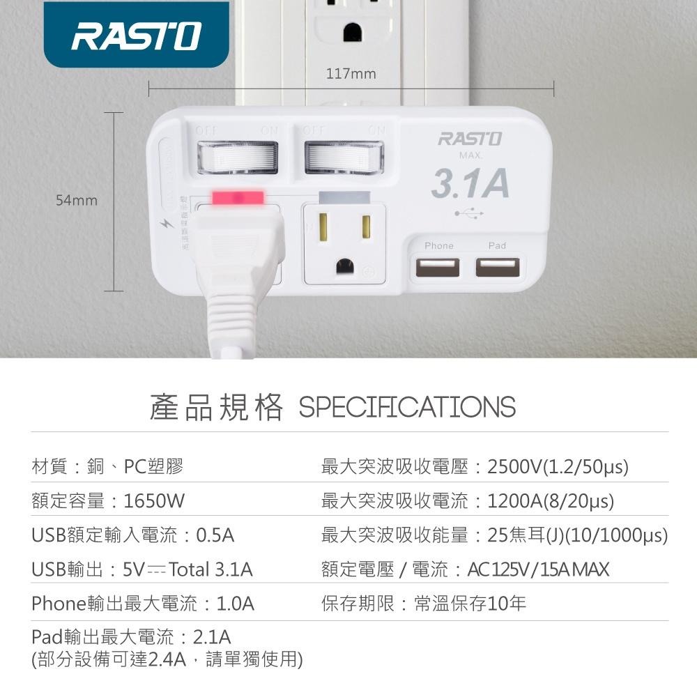 RASTO FP1 二開二插三孔二埠 USB壁插-細節圖7