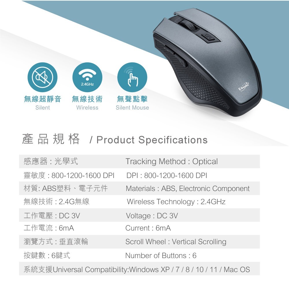 E-books M72 六鍵式Type C+USB雙介面靜音無線滑鼠-細節圖6