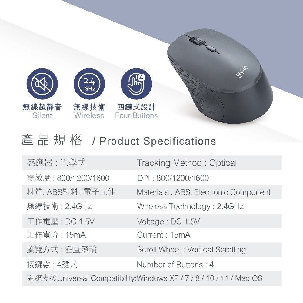 E-books M73 三段DPI切換Type C+USB雙介面靜音無線滑鼠-細節圖6