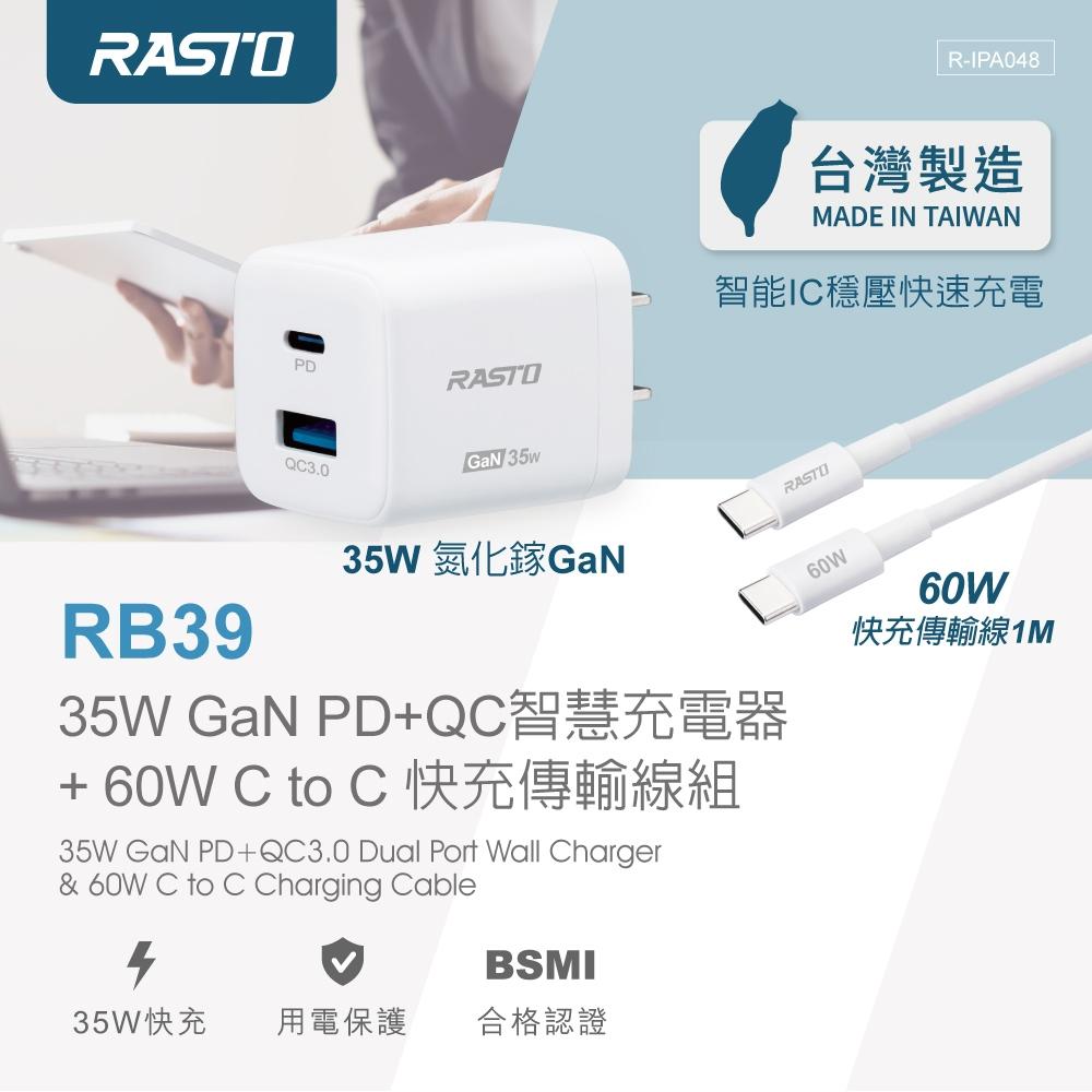 【台灣製造】RASTO RB39 35W GaN PD+QC智慧充電器+ 60W C to C 快充傳輸線組-細節圖3