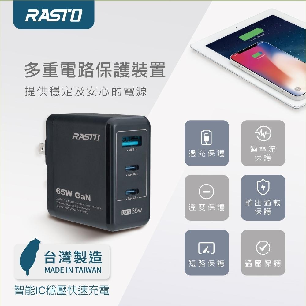 【台灣製造】RASTO RB40 65W GaN氮化鎵三孔極速充電器 + 100W C to C 鋁製快充傳輸線組-細節圖5