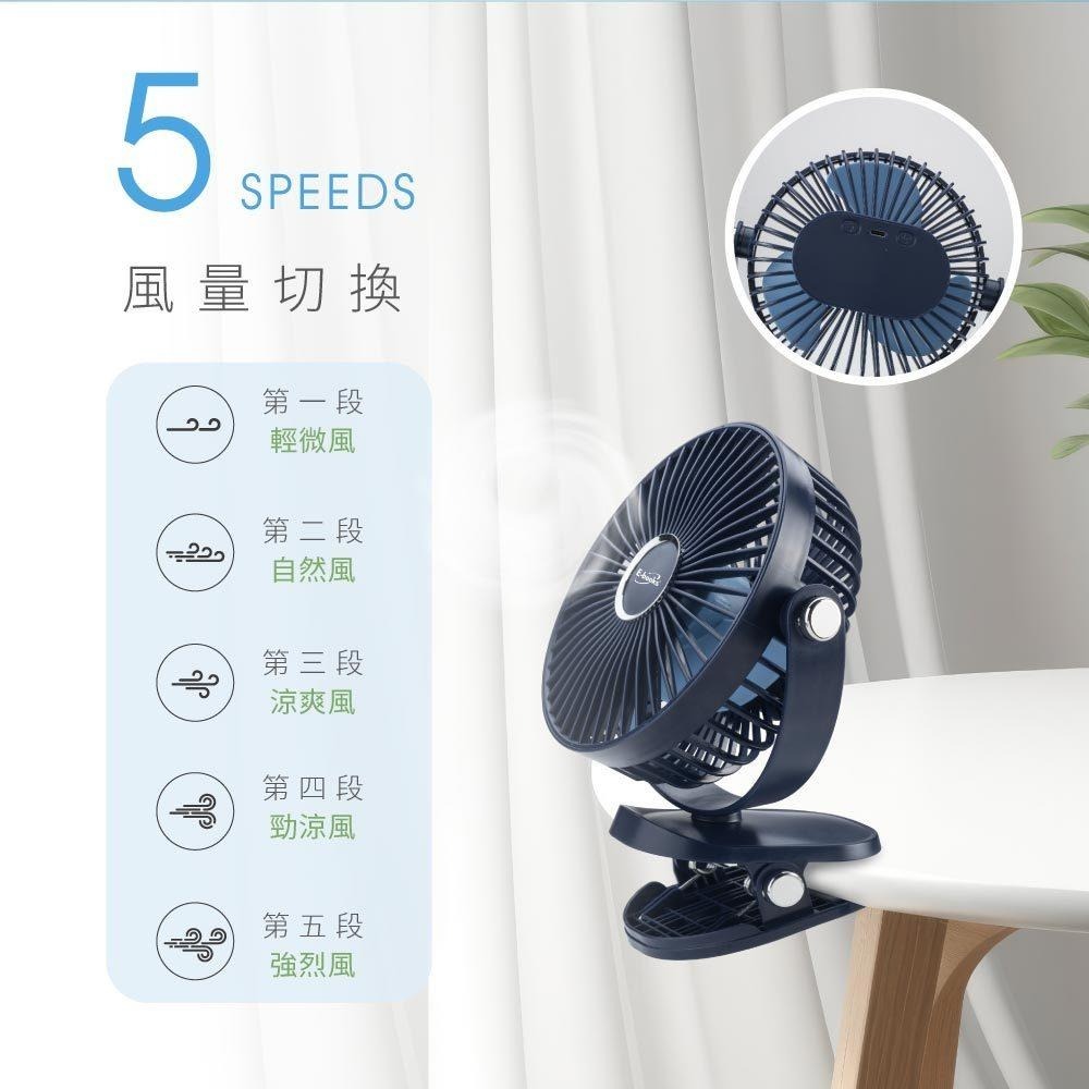 E-books K44 五段風速360度旋轉LED充電夾式風扇-細節圖6