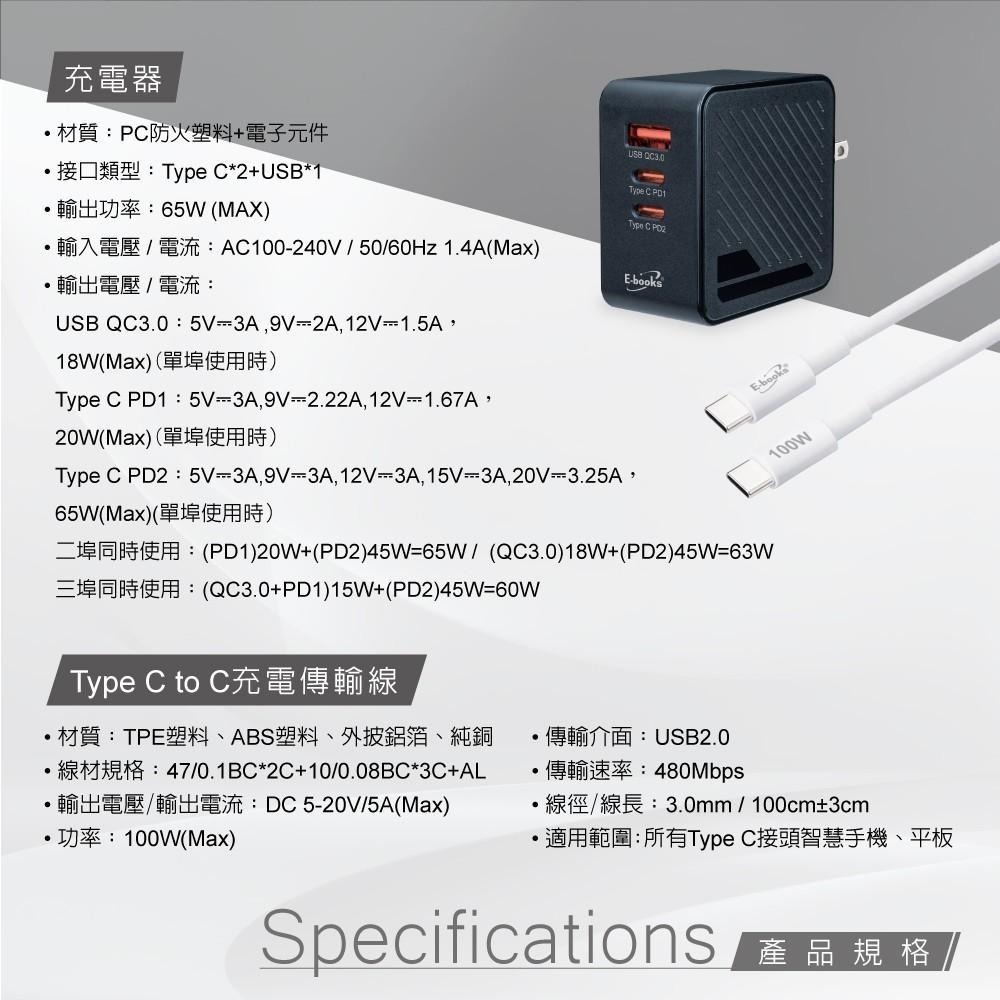 E-books B72 65W GaN氮化鎵三孔充電器 + 100W C to C快充傳輸線組-細節圖6