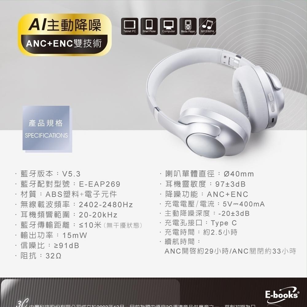 E-books SS64 AI主動降噪技術ANC+ENC藍牙5.3耳罩耳機-細節圖9