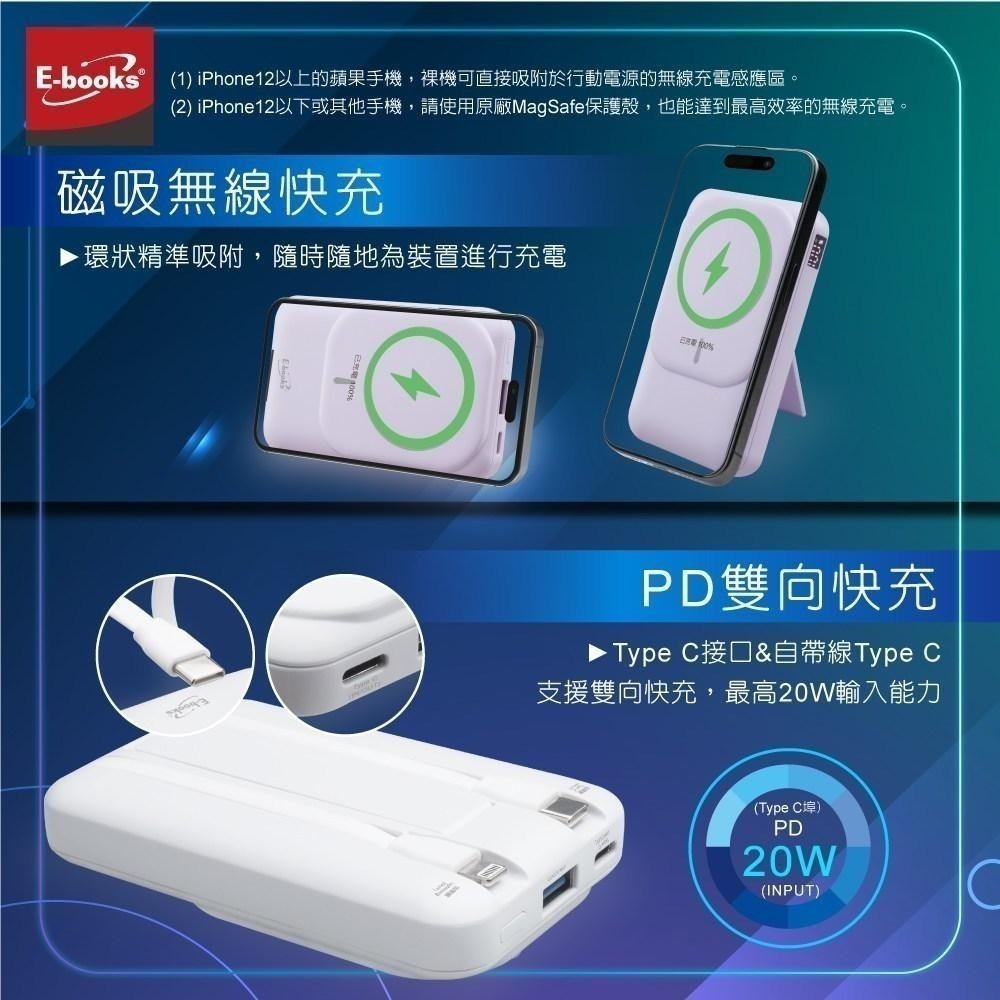 E-Books B101【台灣製造】磁吸自帶雙線五輸出無線充電快充行動電源-細節圖5