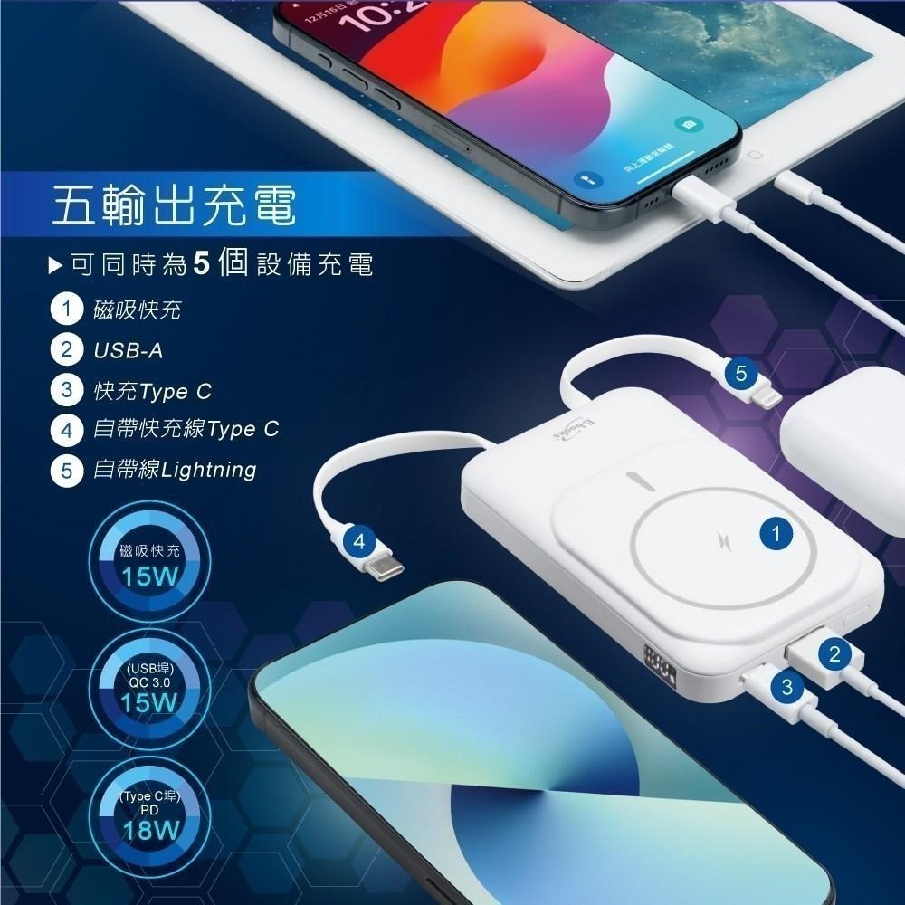 E-Books B101【台灣製造】磁吸自帶雙線五輸出無線充電快充行動電源-細節圖6