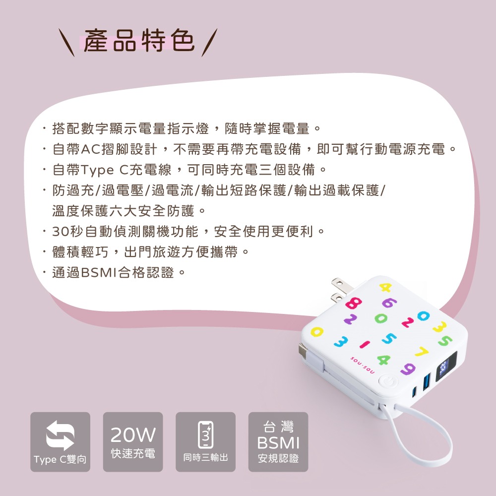 SOU．SOU十數昆【台灣製造】AC插座自帶線三輸出數顯快充行動電源 22.2Wh-細節圖3