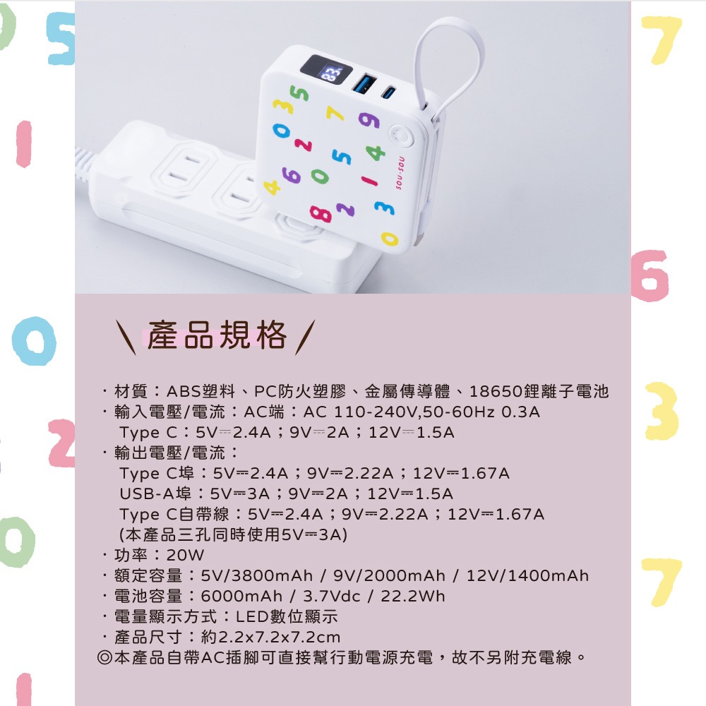 SOU．SOU十數昆【台灣製造】AC插座自帶線三輸出數顯快充行動電源 22.2Wh-細節圖8