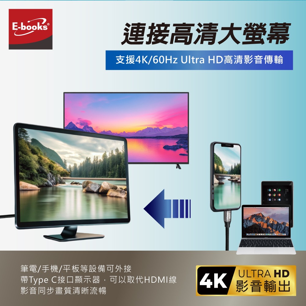 E-books XA65 USB4鋁製240W 20Gbps C to C + 4K影音四合一快充傳輸線-1M-細節圖6