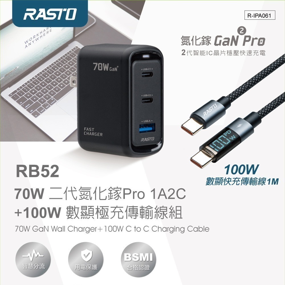 【限時購】RASTO 70W 二代氮化鎵Pro 1A2C+100W 數顯極充傳輸線組( RB-52)-細節圖2