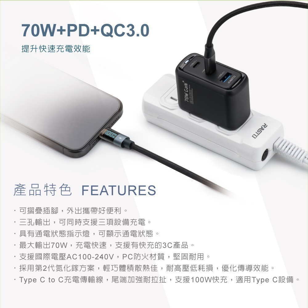 【限時購】RASTO 70W 二代氮化鎵Pro 1A2C+100W 數顯極充傳輸線組( RB-52)-細節圖3