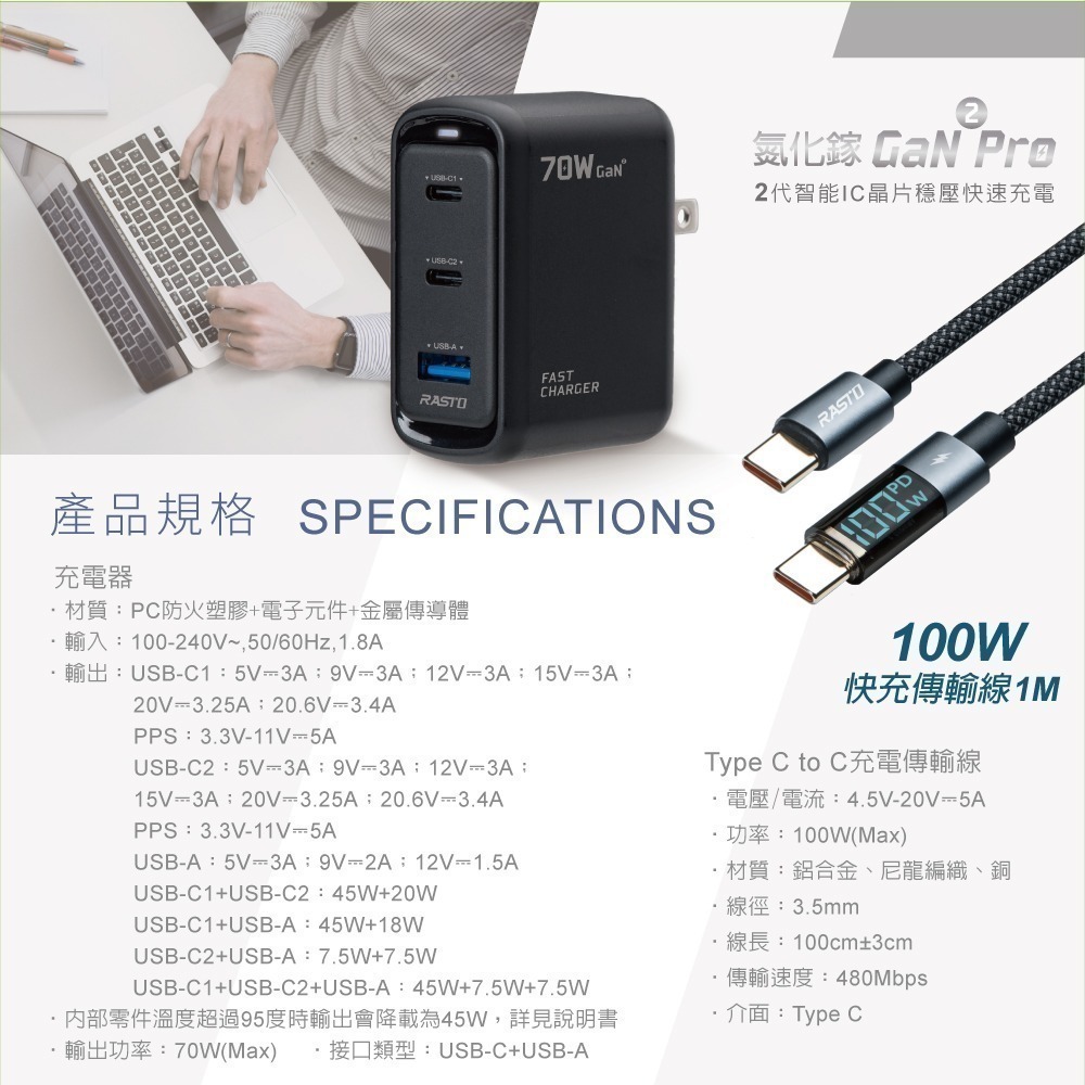 【限時購】RASTO 70W 二代氮化鎵Pro 1A2C+100W 數顯極充傳輸線組( RB-52)-細節圖5