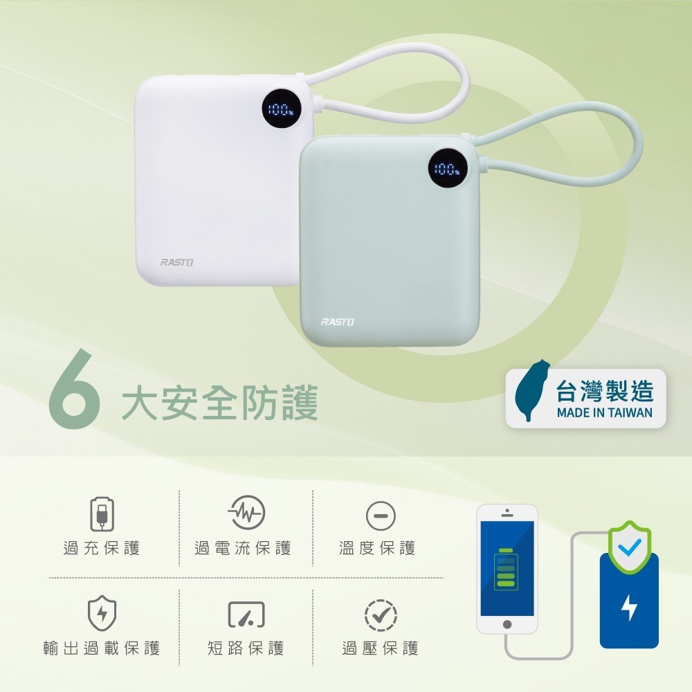 RASTO RB55 【台灣製造】10000mAh數顯自帶線二輸出雙向快充行動電源-細節圖6