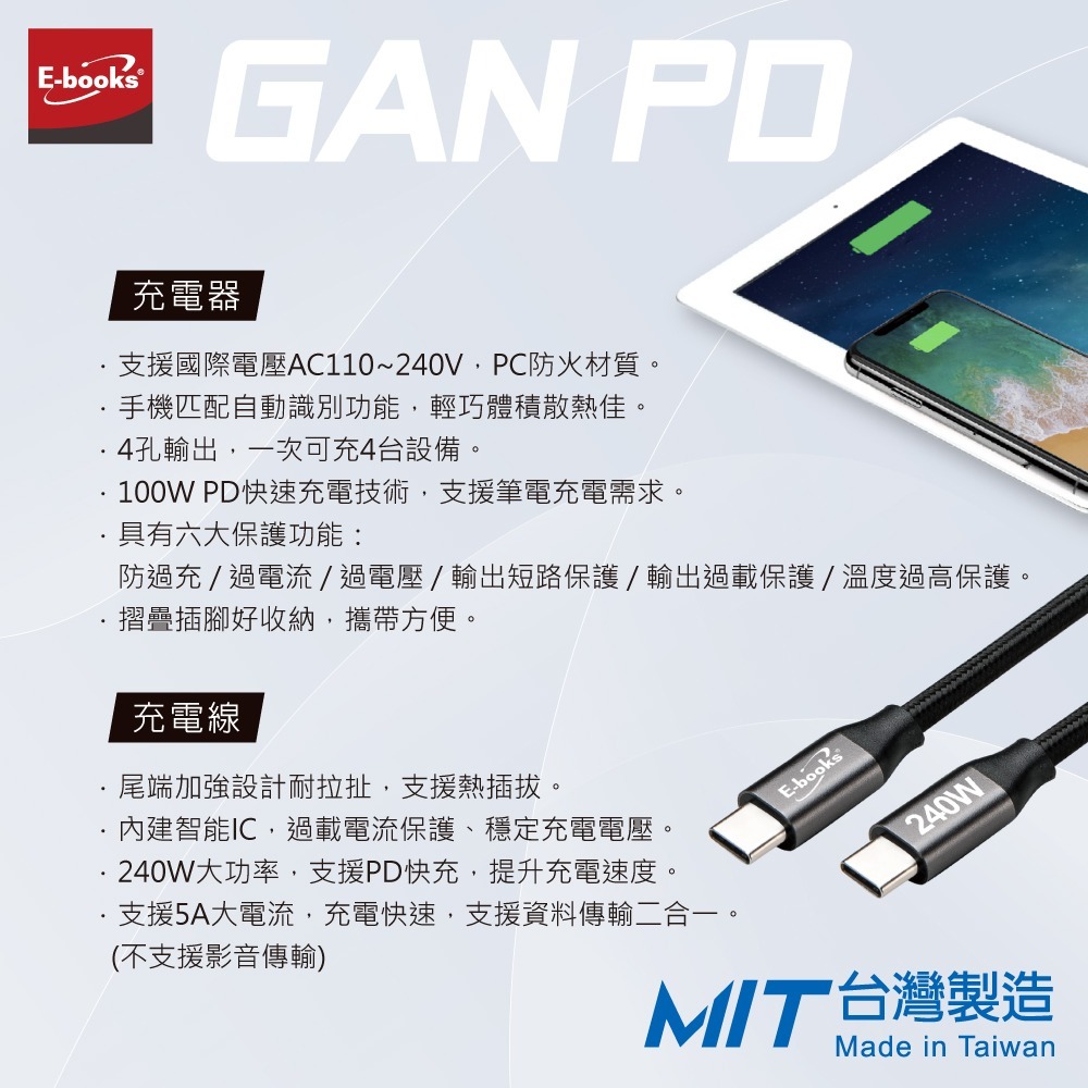 E-books B95 【台灣製造】100W氮化鎵四孔充電器+ 240W C to C 快充傳輸線組-細節圖4