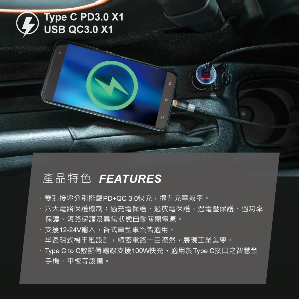 RASTO RB49 車用30W PD+QC3.0+100W C to C數顯快充傳輸充電組-細節圖4