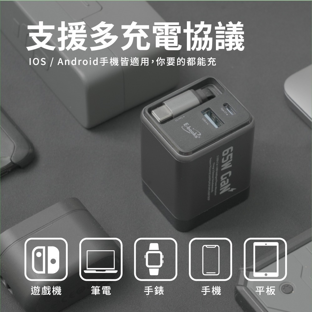 E-books B121 【台灣製造】自帶快充伸縮線65W GaN氮化鎵抗彎折極速充電器-細節圖8