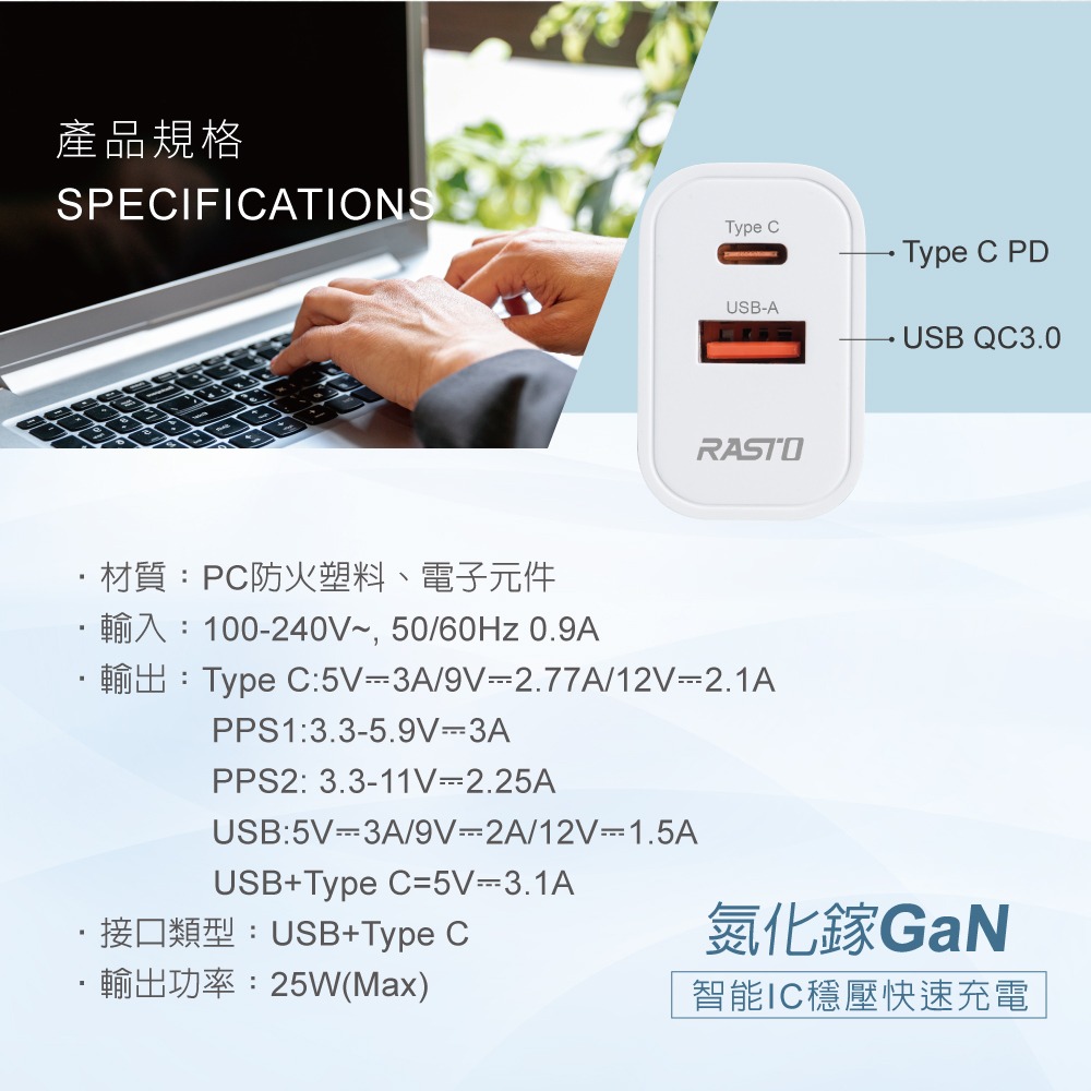 RASTO RB54 25W氮化鎵智能PD+QC3.0快速充電器-細節圖5