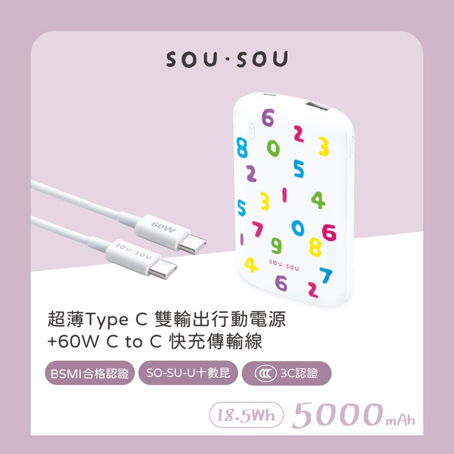 SOU．SOU十數昆 5000mAh 超薄 Type C 雙輸出行動電源+60W C to C 快充傳輸線-細節圖2
