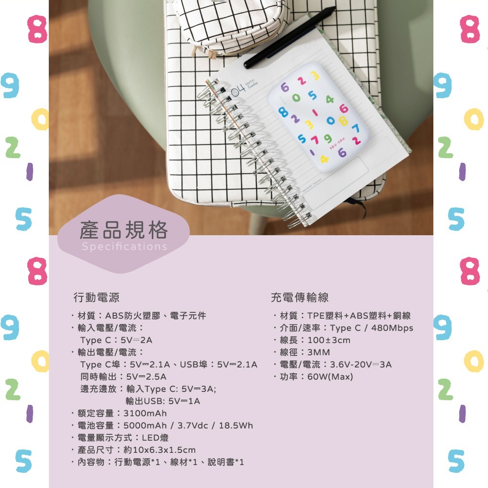 SOU．SOU十數昆 5000mAh 超薄 Type C 雙輸出行動電源+60W C to C 快充傳輸線-細節圖8