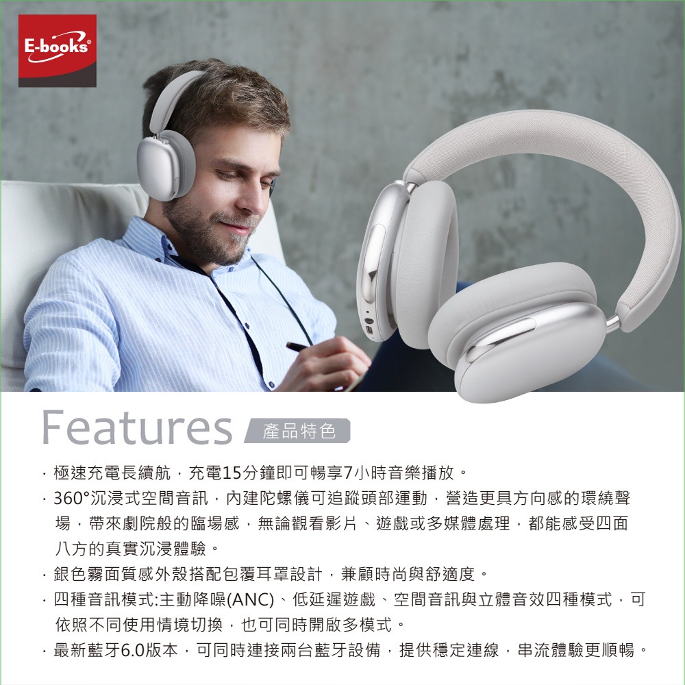 E-books SS69 AI空間音訊360度8D環繞ANC+ENC藍牙6.0頭戴耳機-細節圖6