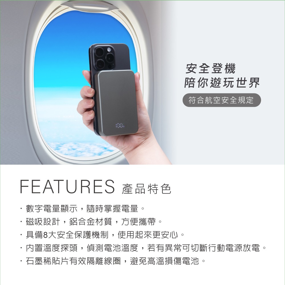 E-books B124【台灣製造】石墨烯技術三輸出鋁製磁吸數顯10000mAh行動電源-細節圖4