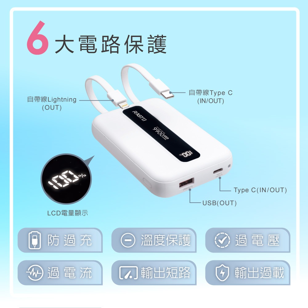 RASTO 9900mAh固態防爆不燃燒自帶雙線行動電源RB-67-細節圖4