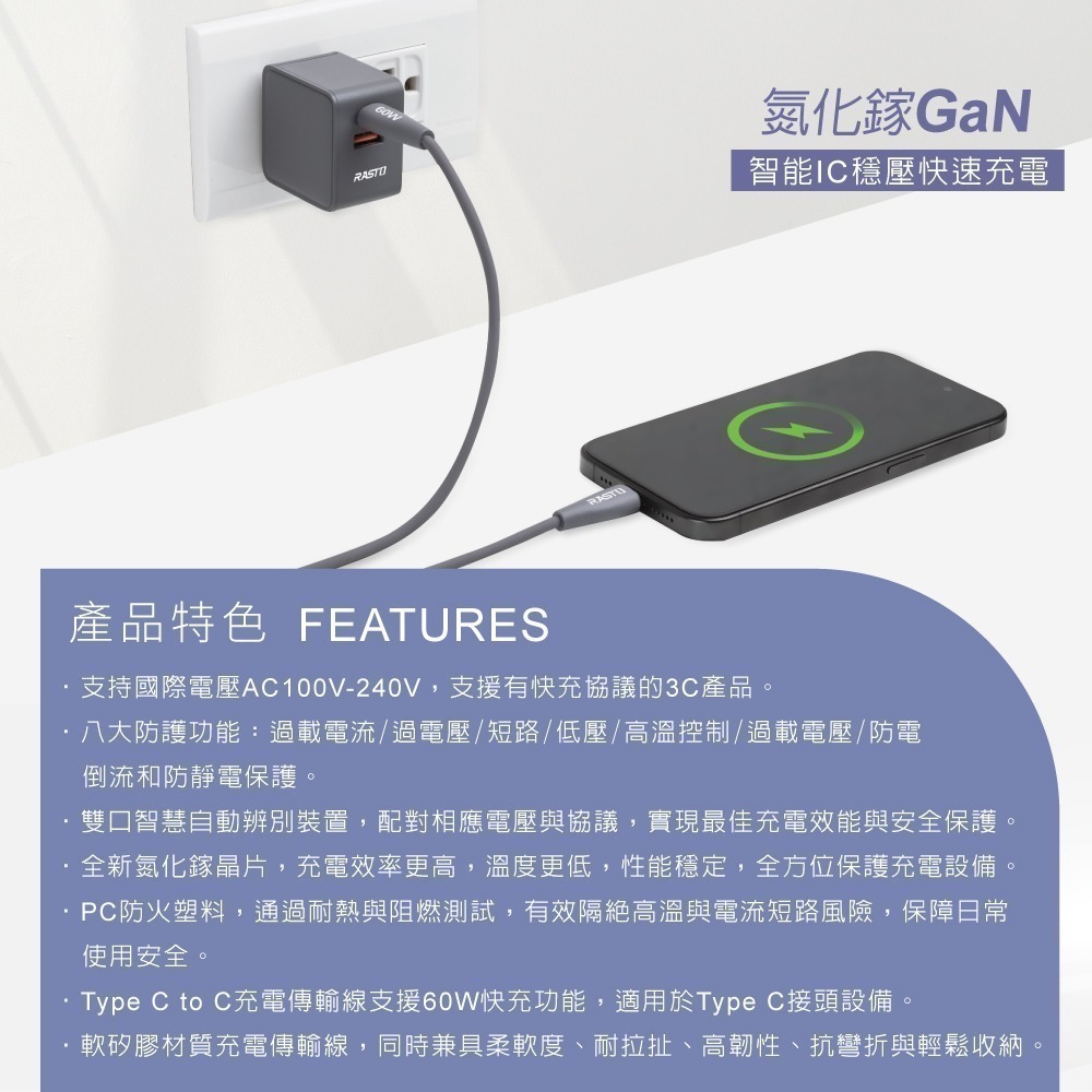 【限時購】RASTO 20W氮化鎵PD+QC3.0快充贈60W C to C軟矽膠快充傳輸線(RB-58)-細節圖3