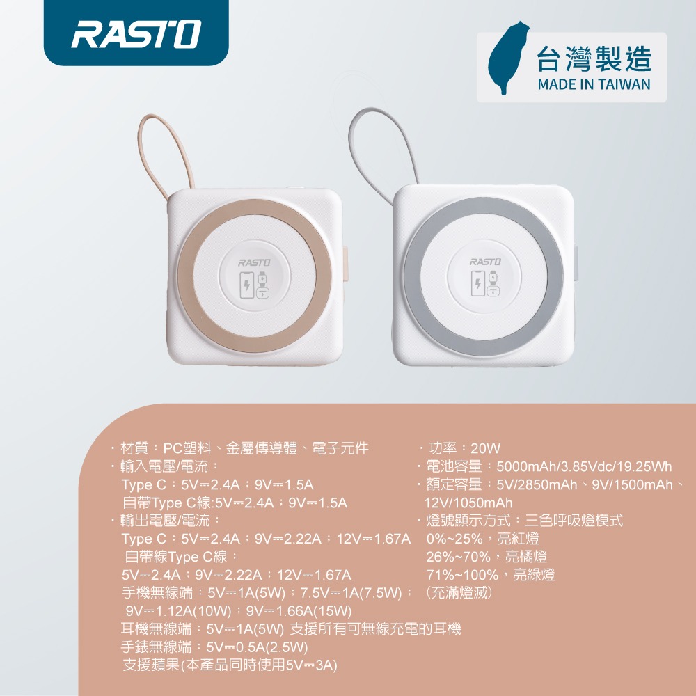 RASTO 台灣製造 防爆不燃燒自帶線磁吸小方塊固態行動電源RB-71 (5000mAh 可上飛機-2色可選)-細節圖5