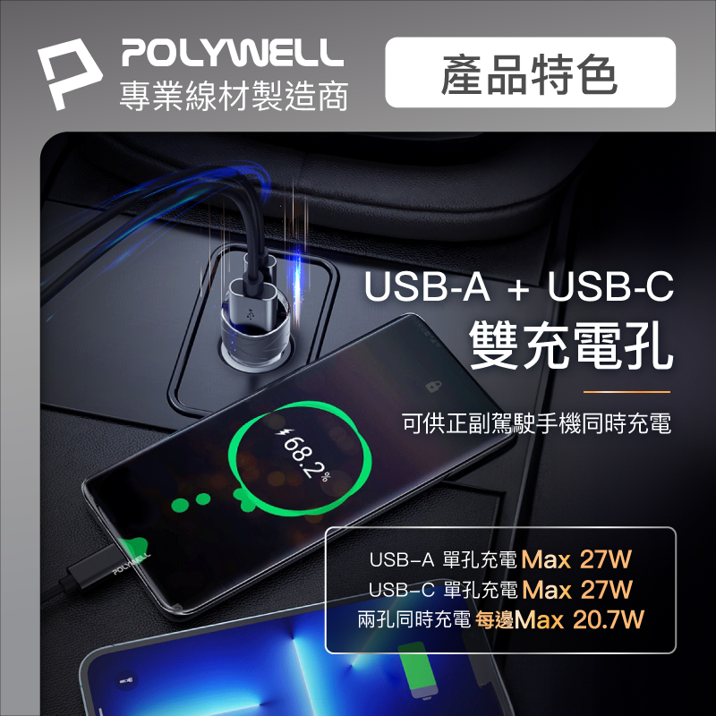 POLYWELL USB+Type-C 27W車用充電器 PD快充 電瓶電量顯示 BSMI認證 寶利威爾-細節圖6