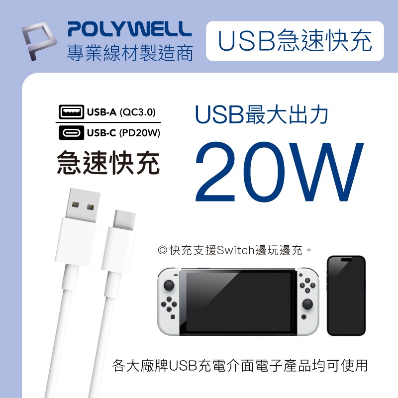 POLYWELL USB快充電源壁插 1轉3插座 20W快充 台灣製造MIT 過載保護 自動斷電 寶利威爾-細節圖3