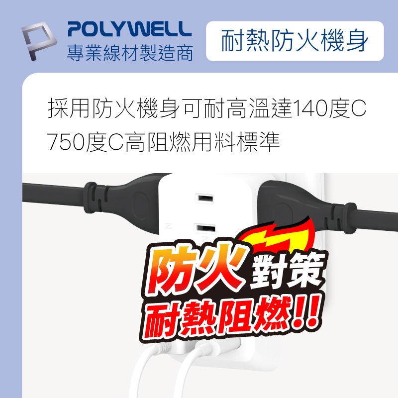 POLYWELL USB快充電源壁插 1轉3插座 20W快充 台灣製造MIT 過載保護 自動斷電 寶利威爾-細節圖5