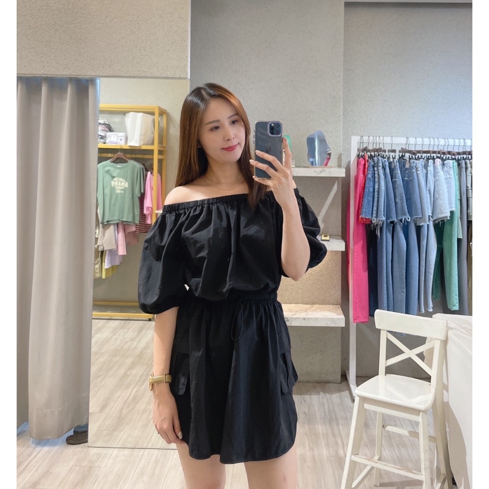 一字領口袋連身洋裝-細節圖2