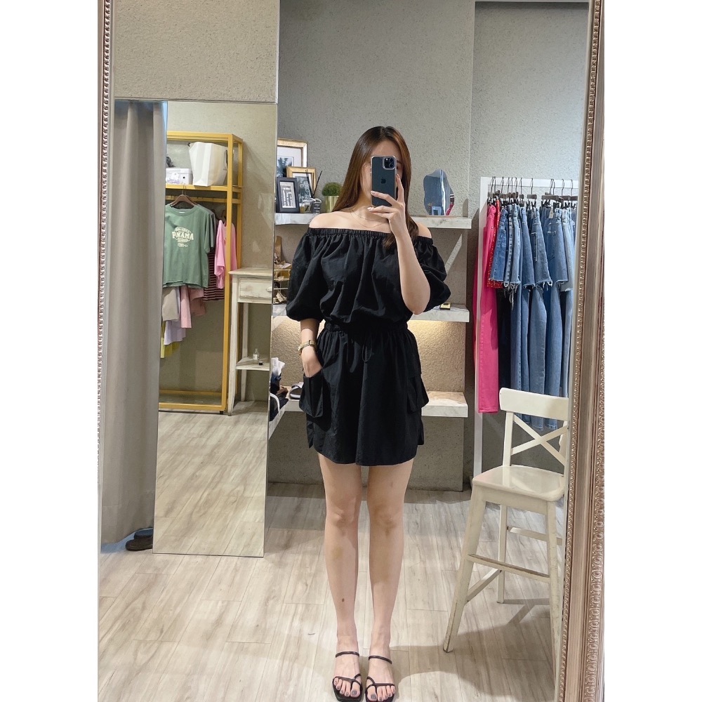 一字領口袋連身洋裝-細節圖4