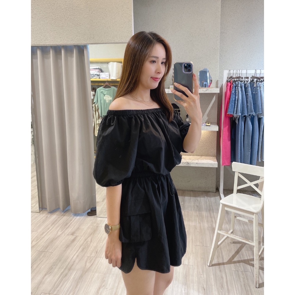 一字領口袋連身洋裝-細節圖5