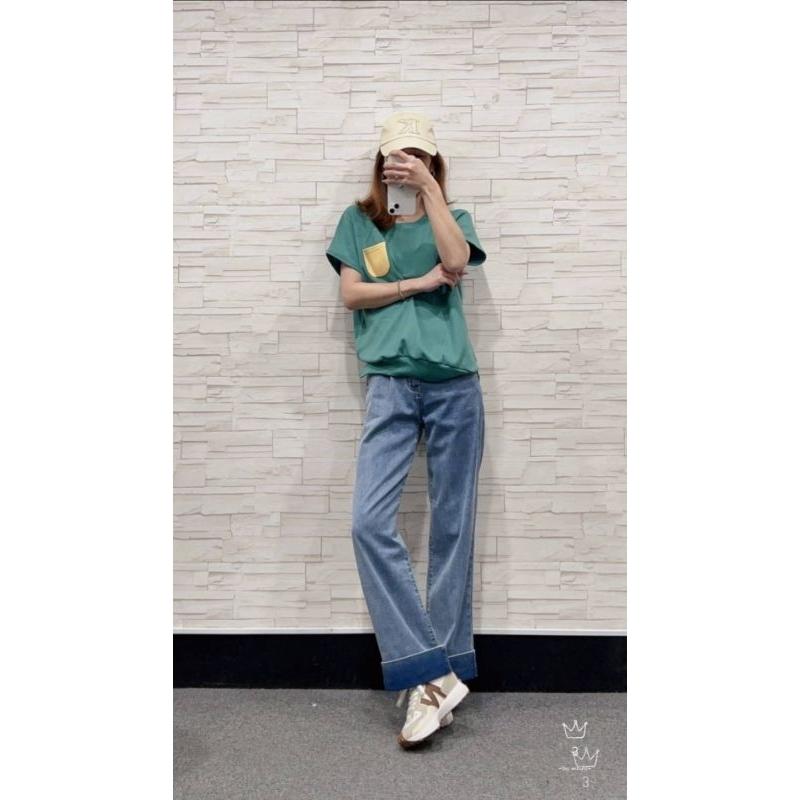 330047韓標 反折撞色牛仔寬褲-細節圖3
