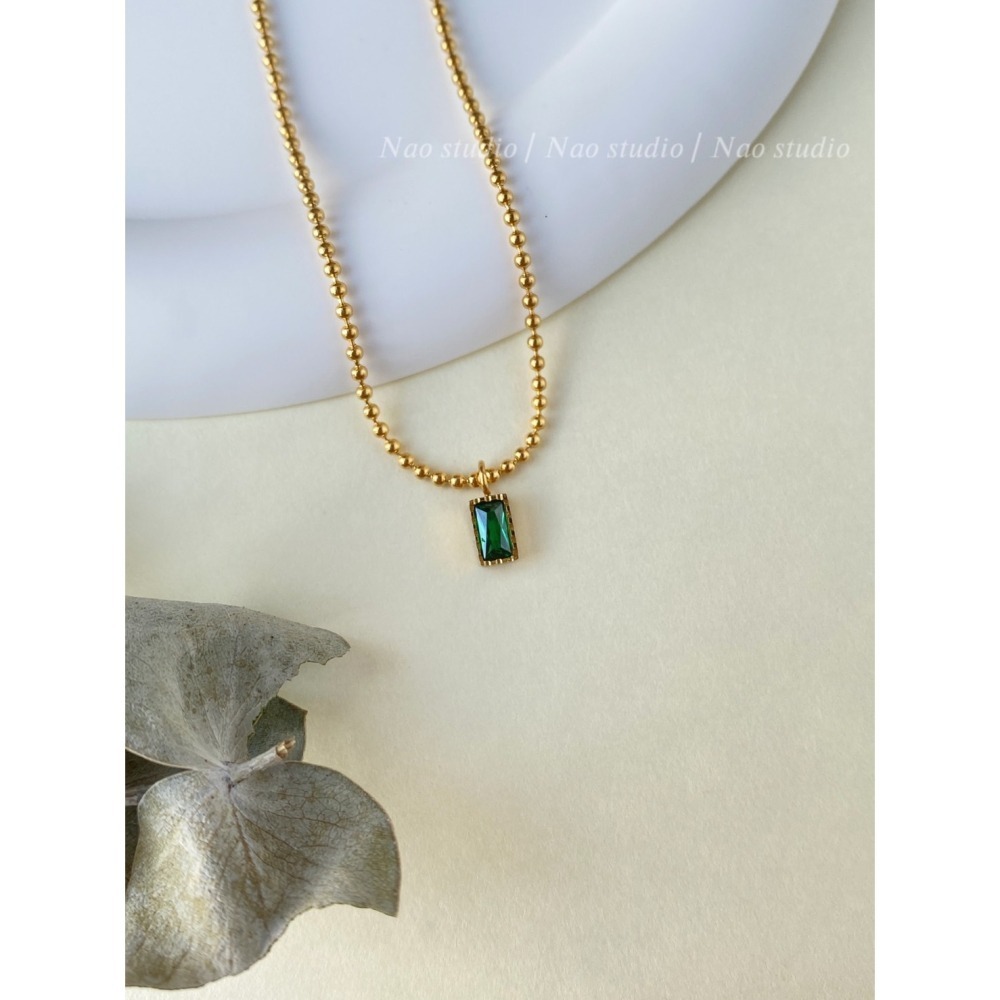 祖母綠小方鑽圓珠項鍊-細節圖2