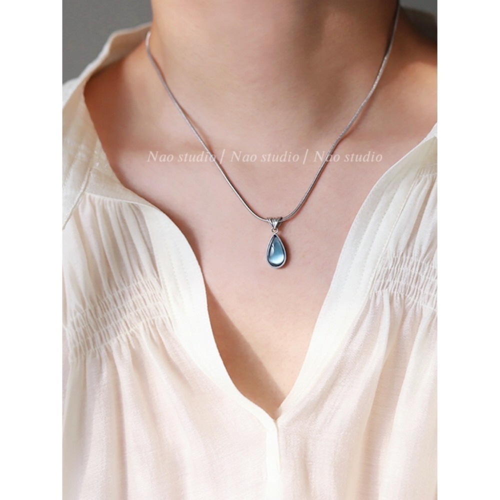 法式剔透森林綠藍眼睛水滴項鍊-細節圖7