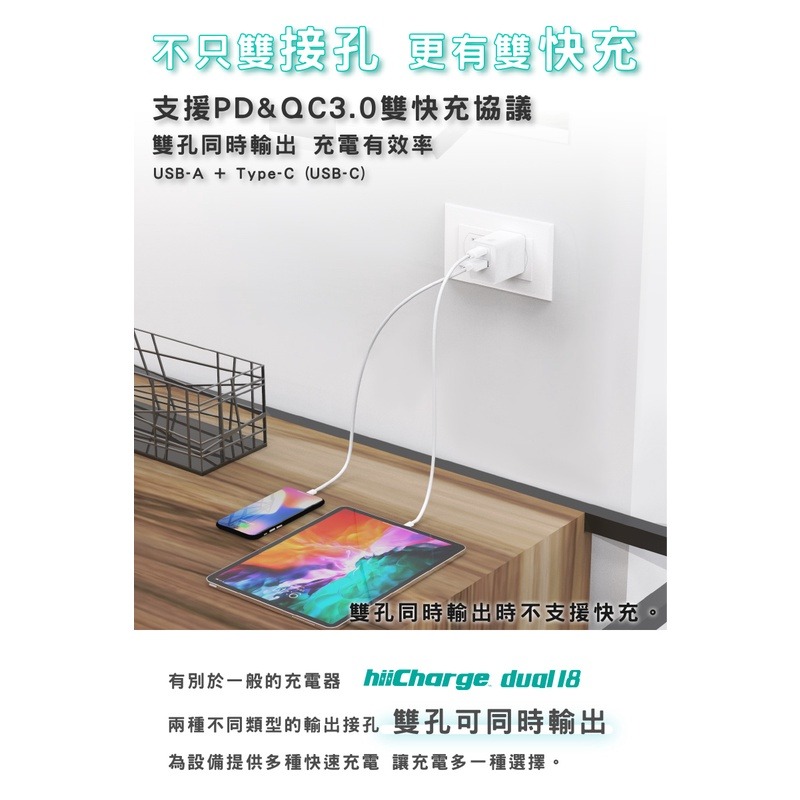 (盒損隨機色出貨) Hii PD+QC3.0 PD 18W 雙孔 急速 充電器 快充頭 充電器 豆腐頭 適用蘋果快充-細節圖3