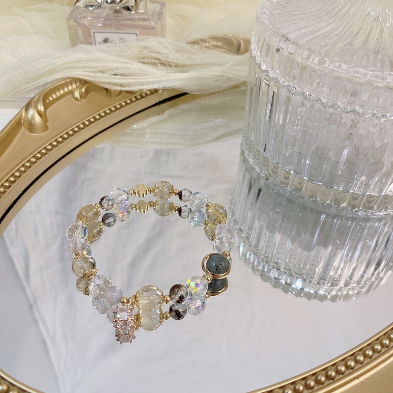 黃髮晶🌙幽靈晶🌙灰月光石 水晶手鏈 手串 質感 零死角 精緻 鋯石球 顯手白 手鍊🤍偏財 化解小人 事業-細節圖3