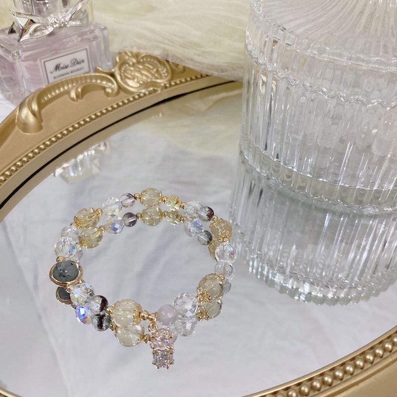 黃髮晶🌙幽靈晶🌙灰月光石 水晶手鏈 手串 質感 零死角 精緻 鋯石球 顯手白 手鍊🤍偏財 化解小人 事業-細節圖4